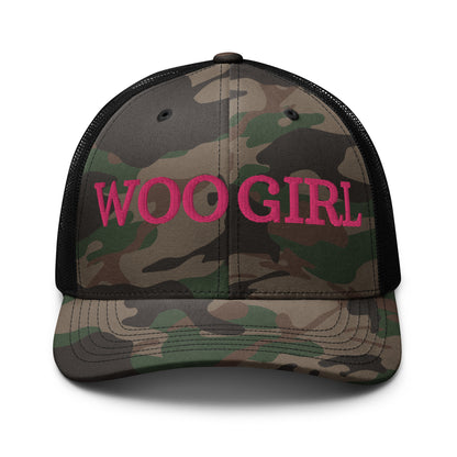 WOOGIRL Camo Trucker Hat (Pink Lettering)