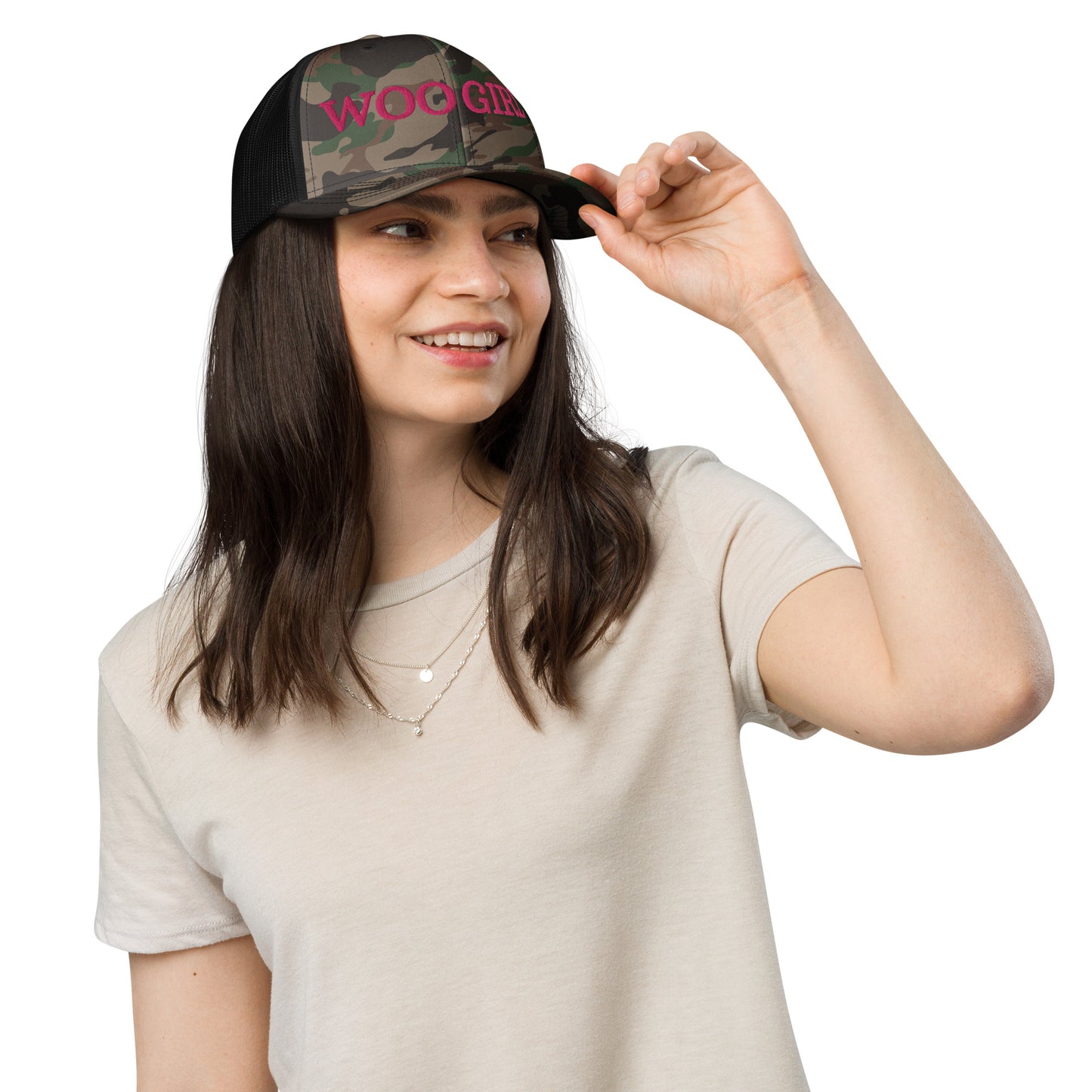 WOOGIRL Camo Trucker Hat (Pink Lettering)