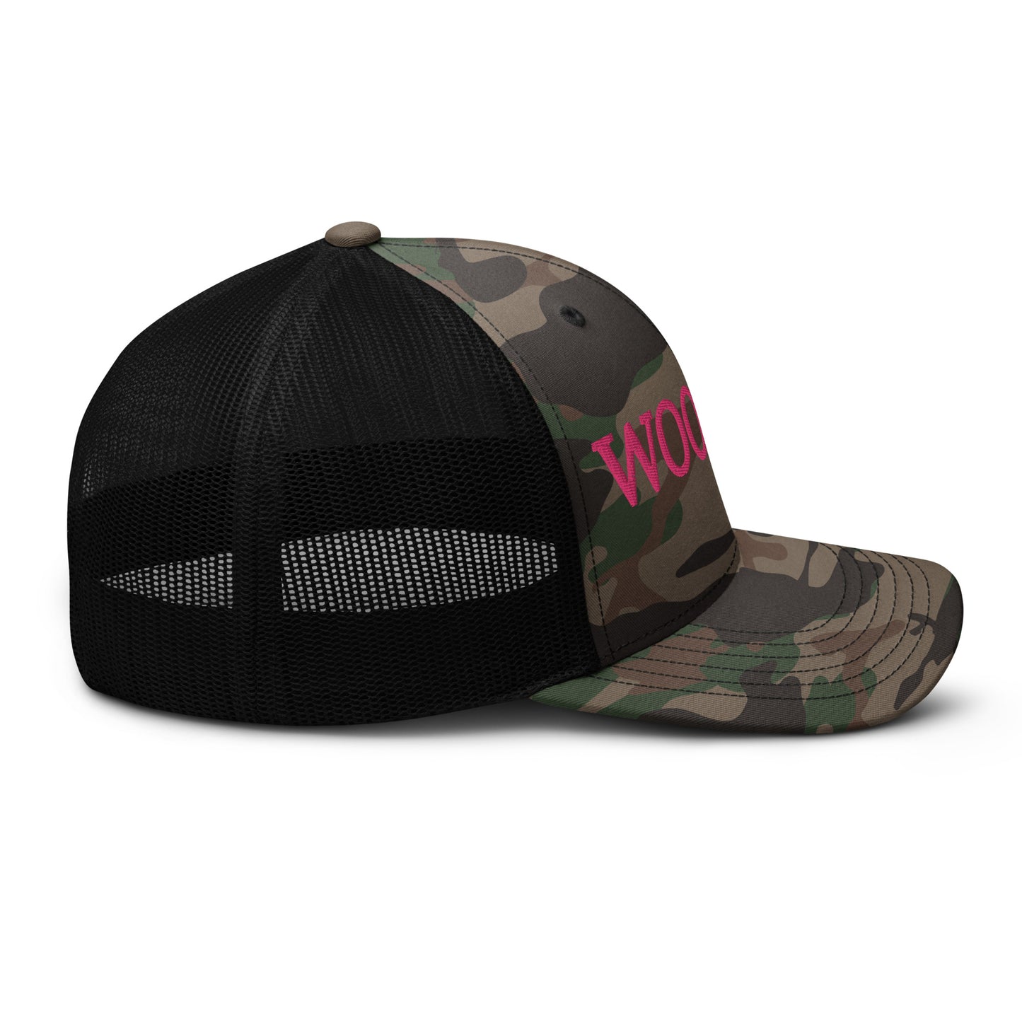 WOOGIRL Camo Trucker Hat (Pink Lettering)