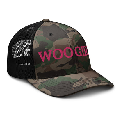 WOOGIRL Camo Trucker Hat (Pink Lettering)