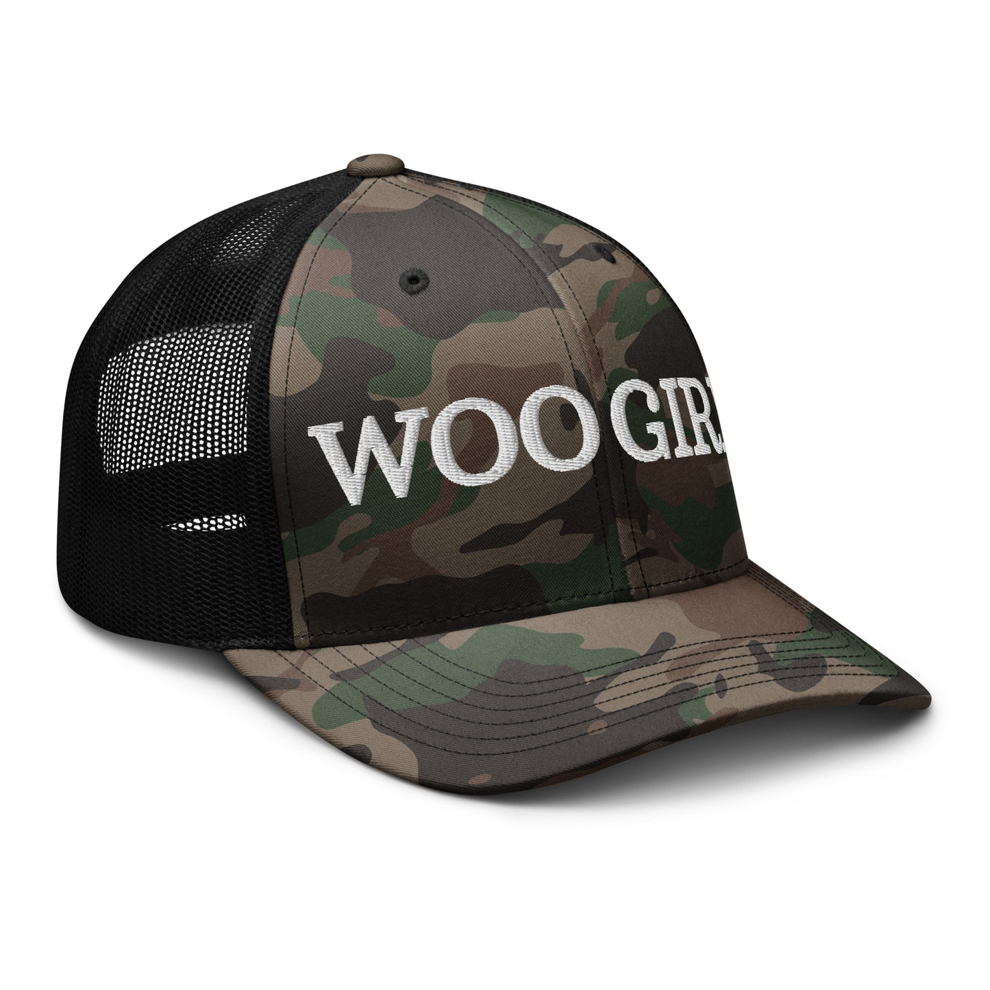 WOOGIRL Camo Trucker Hat (White Lettering)