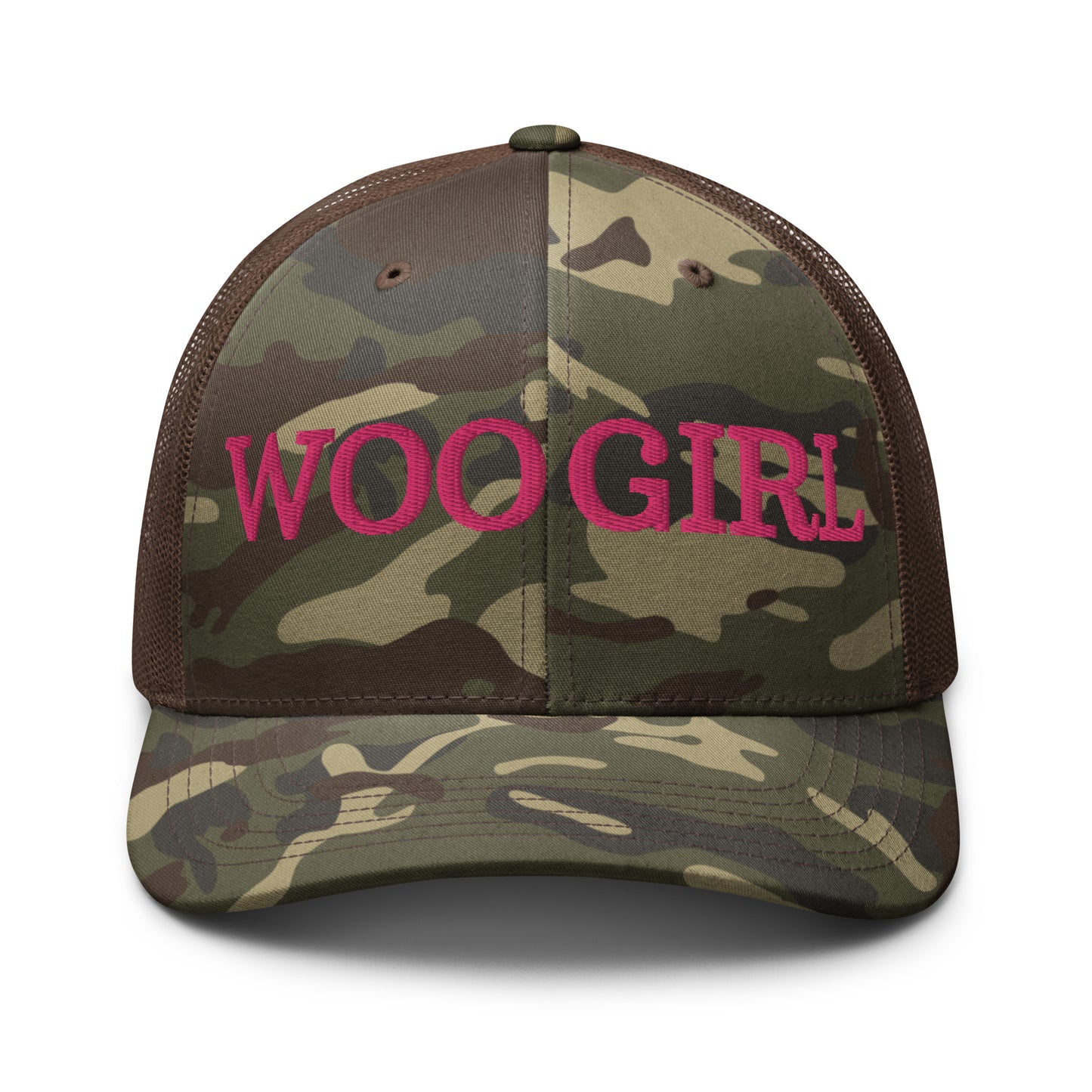 WOOGIRL Camo Trucker Hat (Pink Lettering)