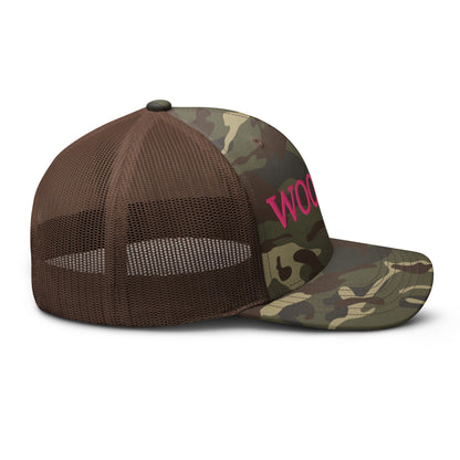 WOOGIRL Camo Trucker Hat (Pink Lettering)