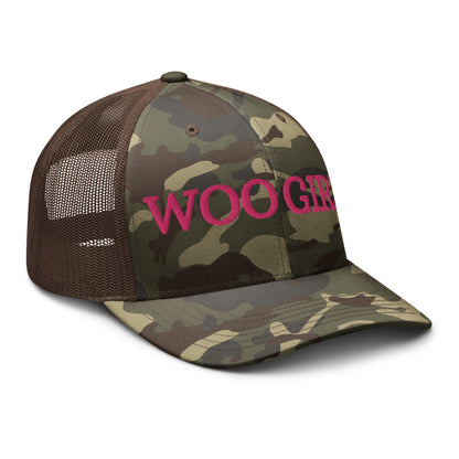 WOOGIRL Camo Trucker Hat (Pink Lettering)