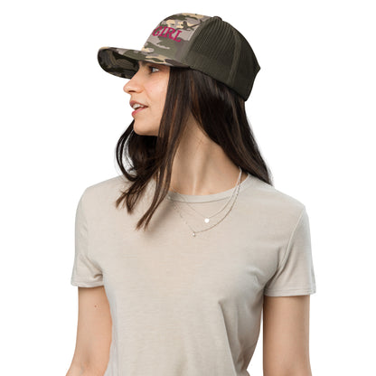 WOOGIRL Camo Trucker Hat (Pink Lettering)