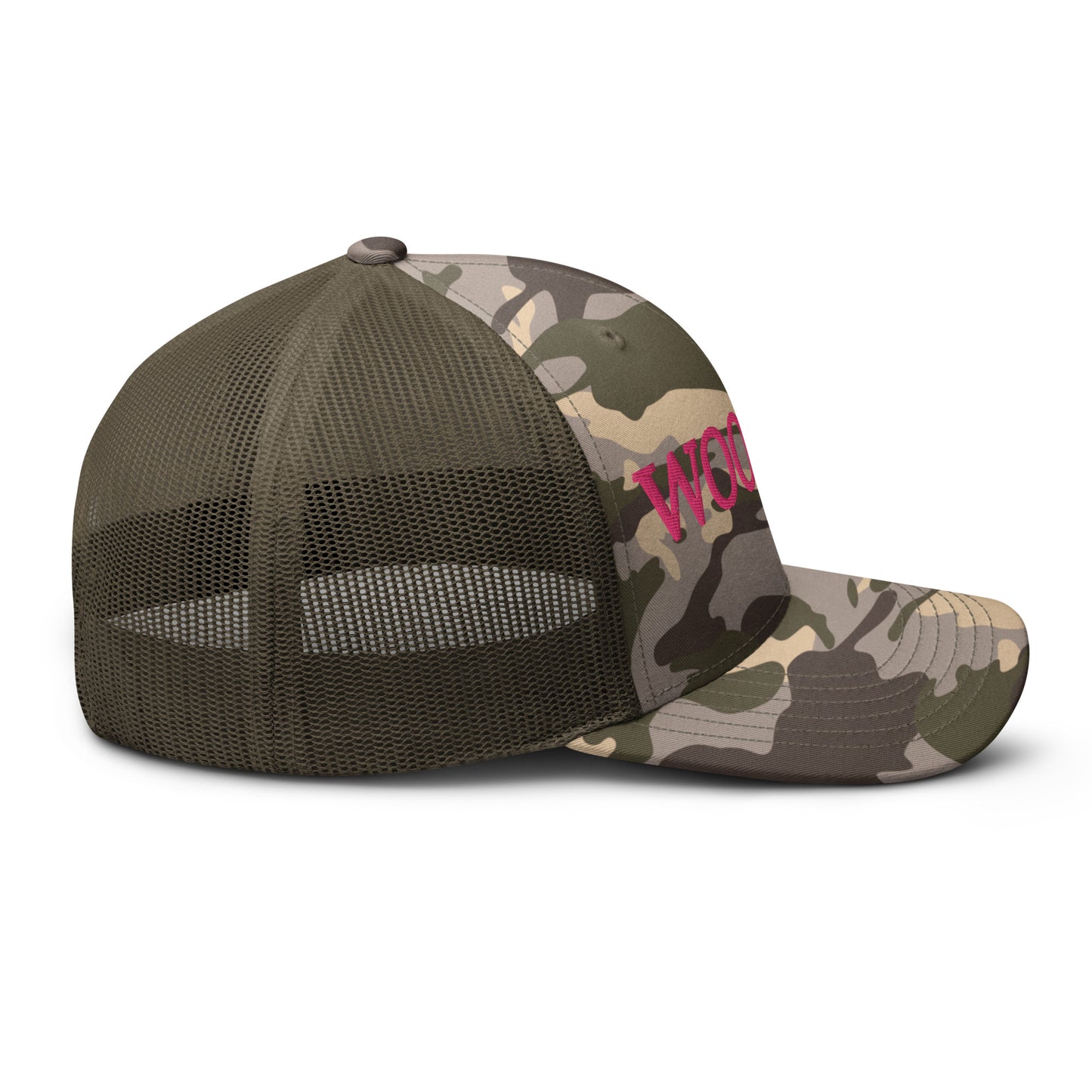 WOOGIRL Camo Trucker Hat (Pink Lettering)