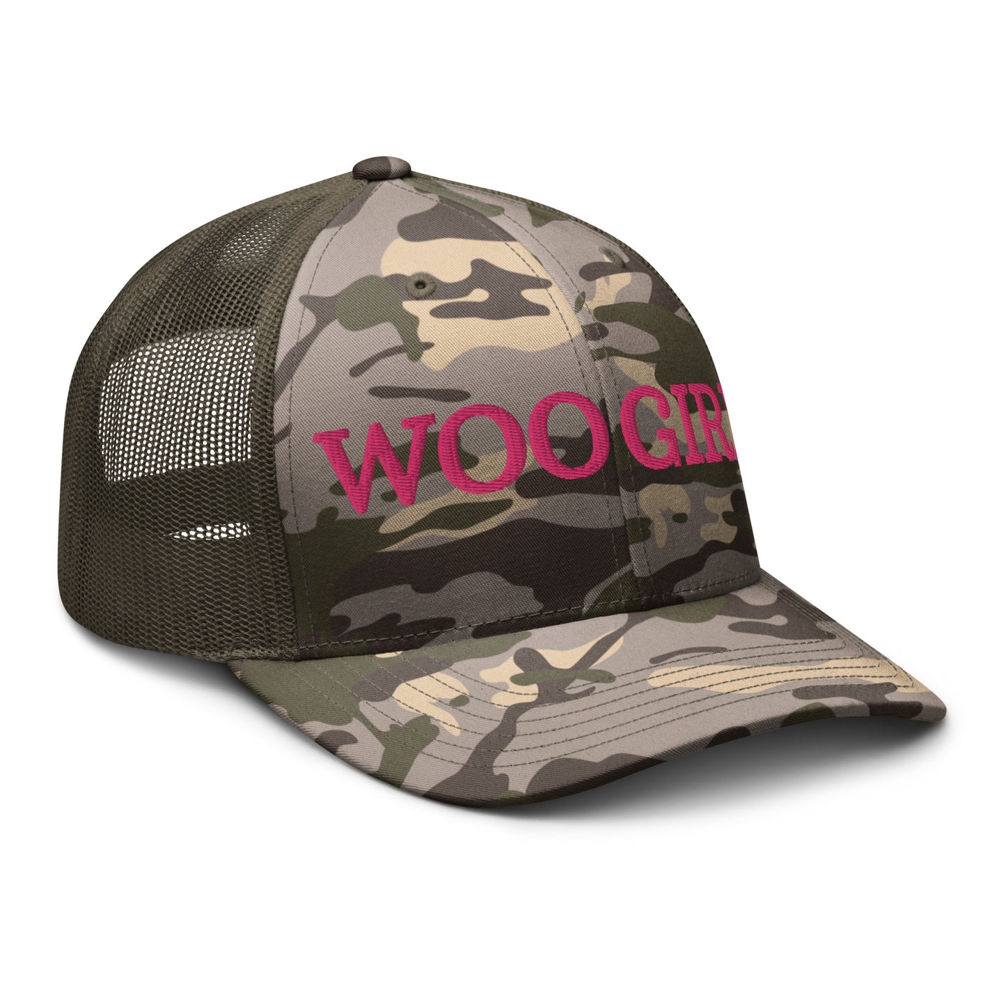 WOOGIRL Camo Trucker Hat (Pink Lettering)